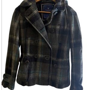 American Eagle Outfitters Women's Plaid Pea Coat - Black, Gray, Green